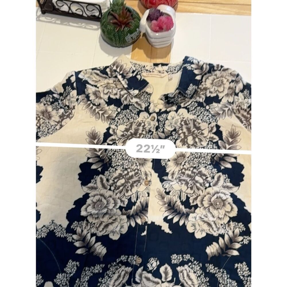 Soft Surroundings Floral Tunic Top XL Blue Cream Button Front Boho Blouse - Picture 7 of 12
